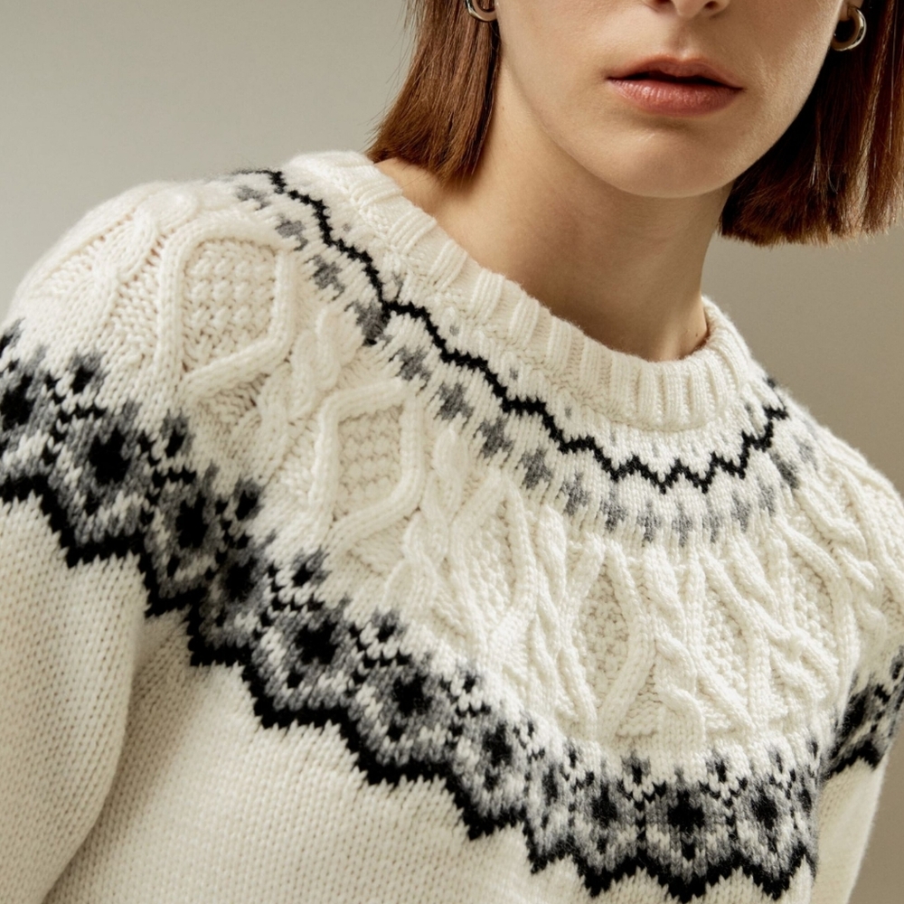 Lilysilk Fair Isle Crewneck Sweater XS  Wool Cashmere Off White Cable - Picture 2 of 12